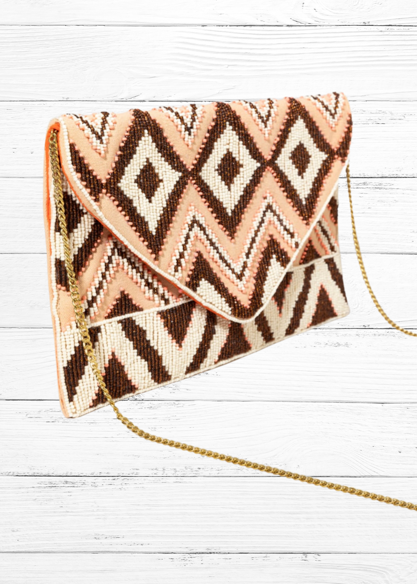 Neutral Beaded Tribal Clutch (w/ Gold-tone Chain)