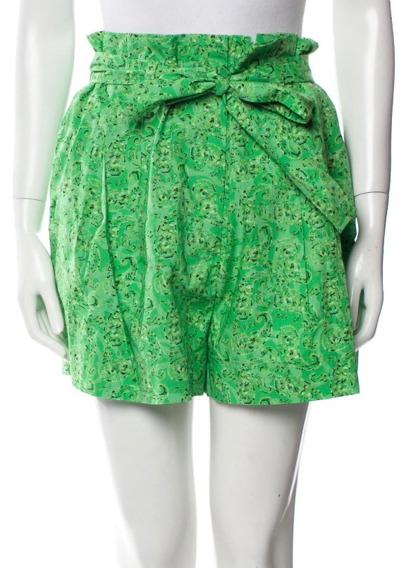 Derek Lam Green Paisley Paperbag High-Waisted Shorts