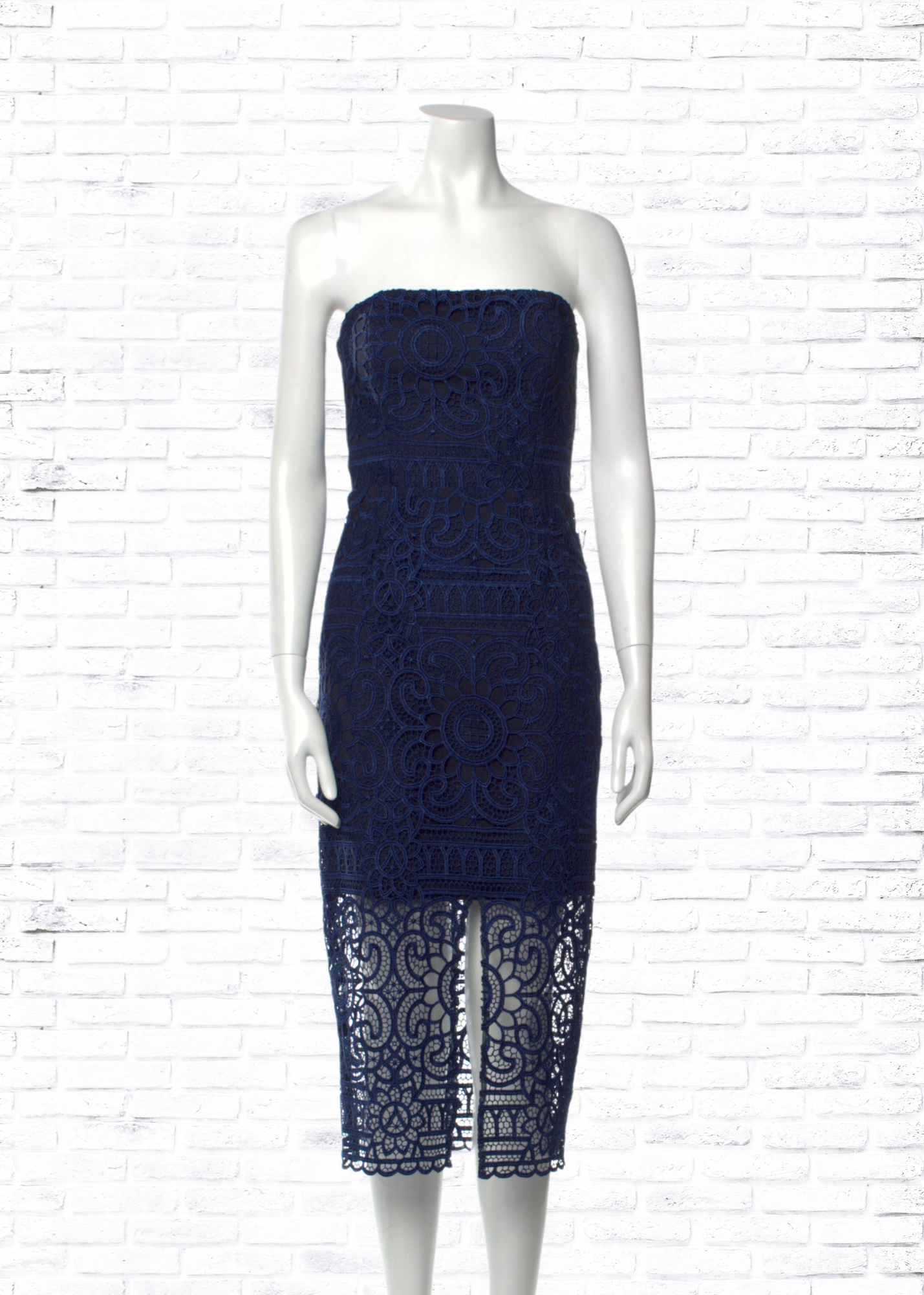 Nicholas Navy Lace Sheath Midi Cocktail  Dress