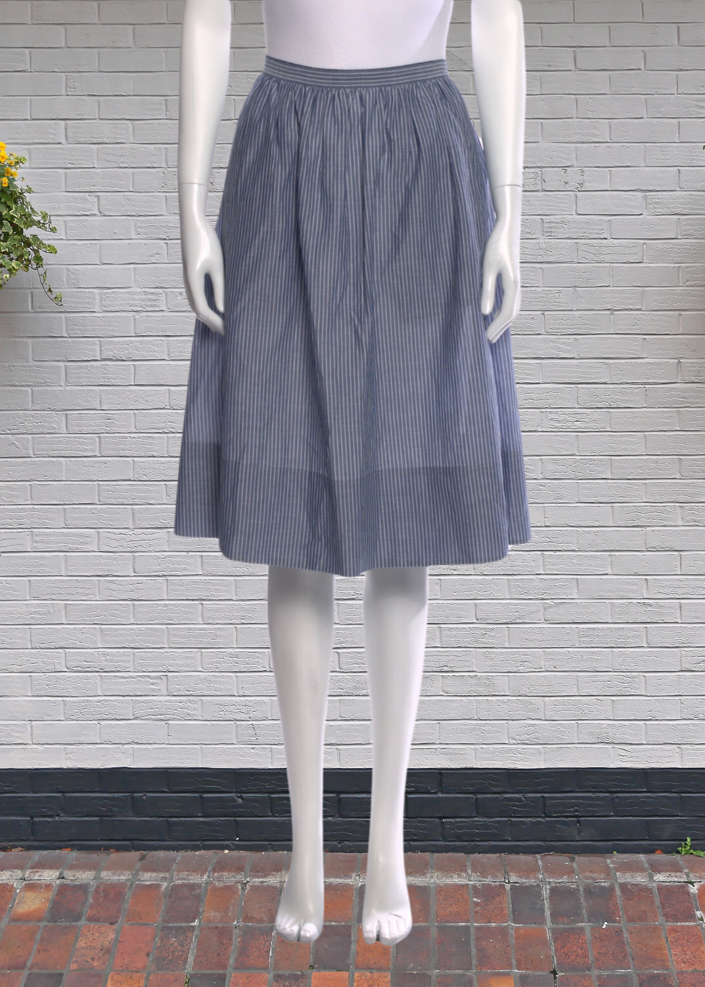 Vince Cotton Pinstripe Blue A-Line Midi Skirt