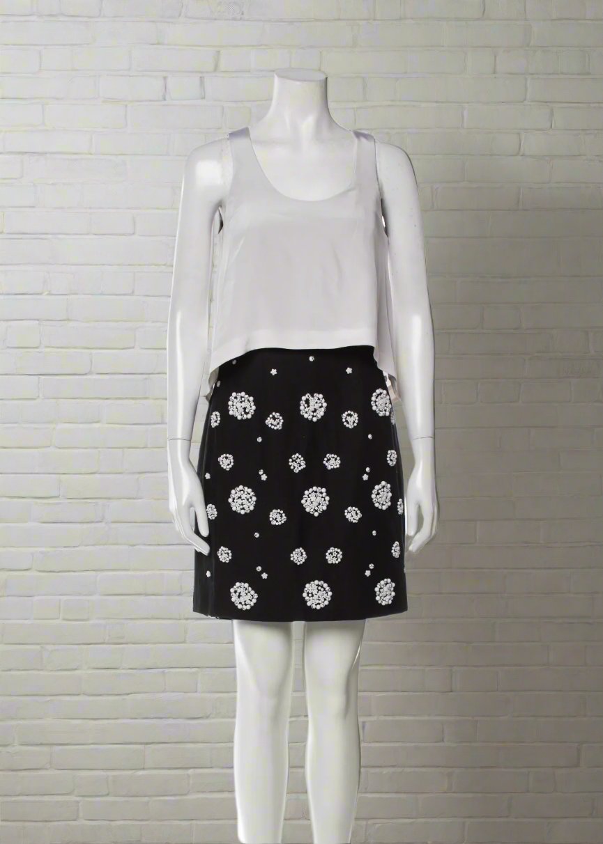 Tibi Black/White Popover Beaded Open-Back Tiered Sheath