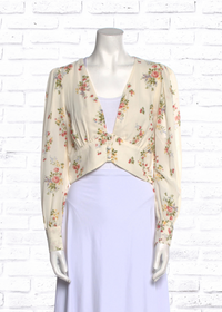 Reformation Ivory/Floral Long Sleeve Cropped Blouse