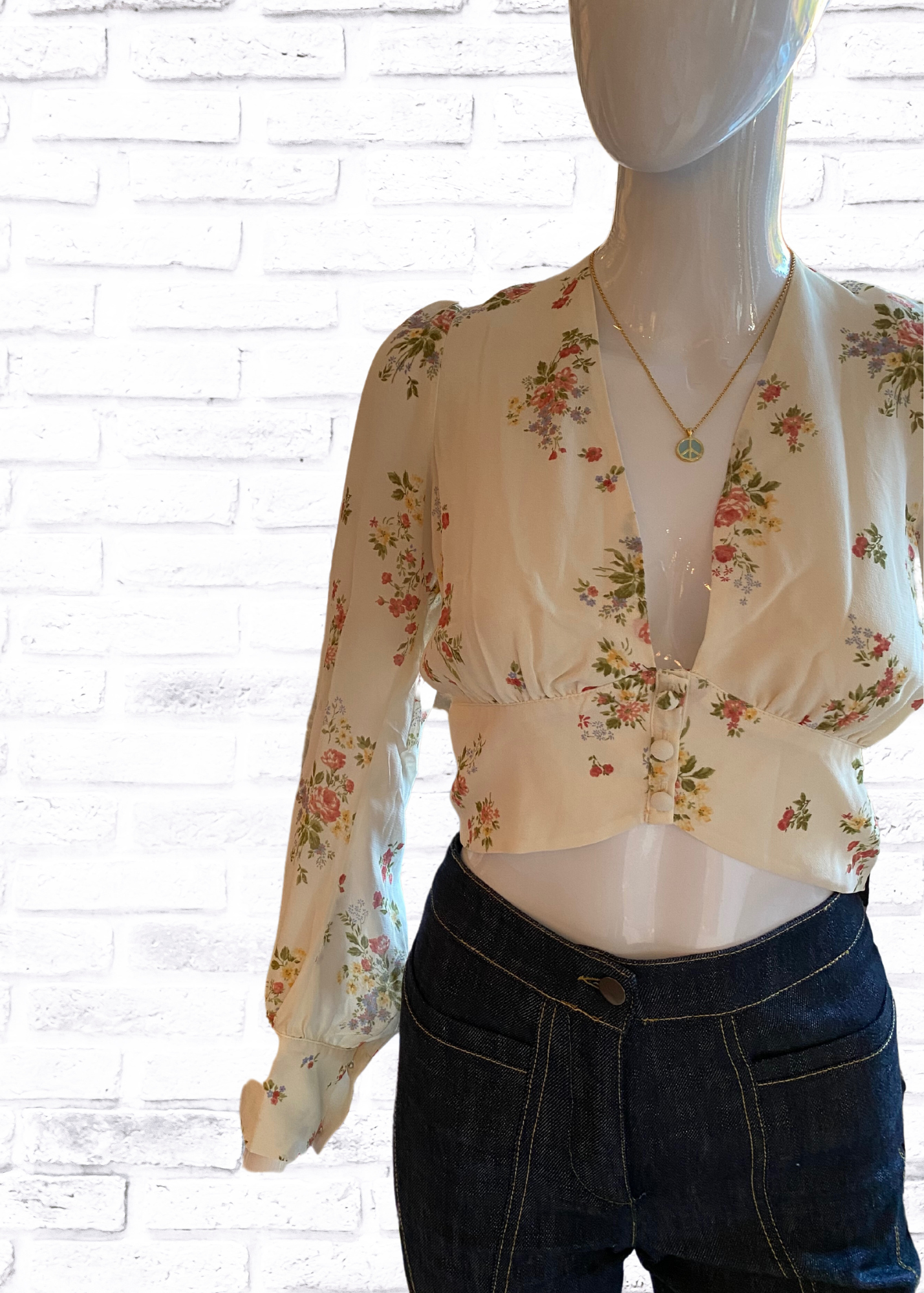 Reformation Ivory/Floral Long Sleeve Cropped Blouse