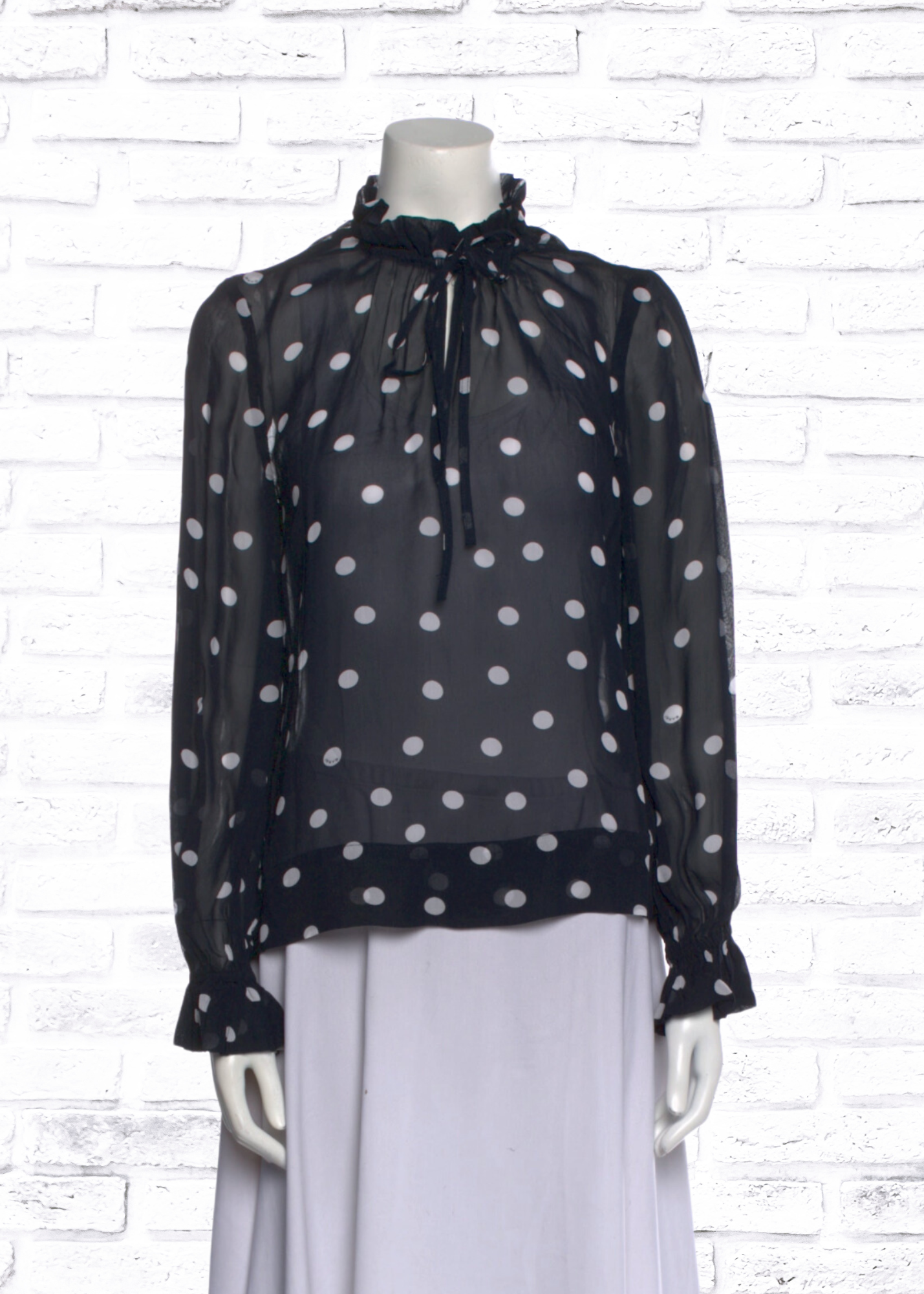Ganni 'Midnight Blue' Polk-Dot Mock-Neck Blouse