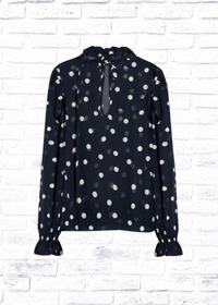 Ganni 'Midnight Blue' Polk-Dot Mock-Neck Blouse