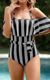 Zesica Black & White Off-the-Shoulder One-Piece Swimsuit
