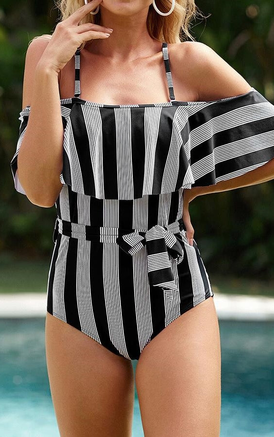 Zesica Black & White Off-the-Shoulder One-Piece Swimsuit