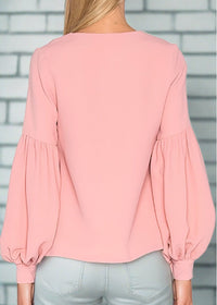 Alexis 'Ellena' Pink V-Neck Balloon Sleeve Blouse