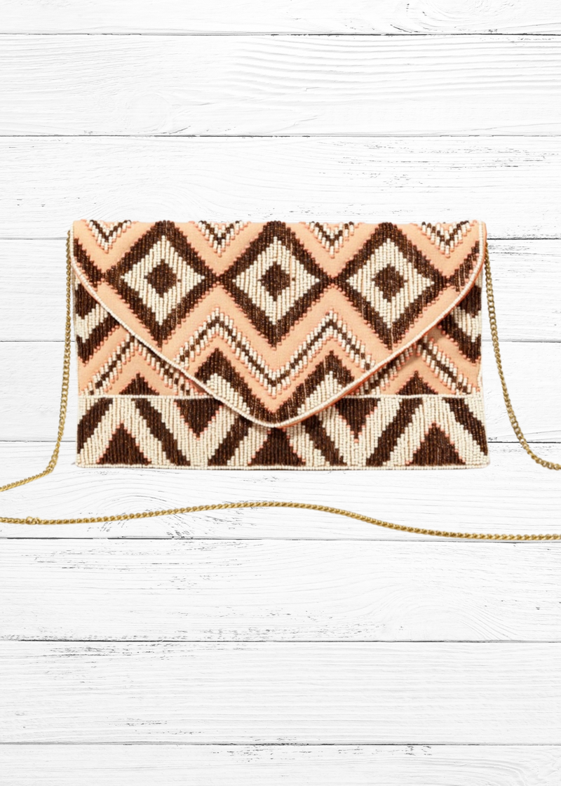 Neutral Beaded Tribal Clutch (w/ Gold-tone Chain)