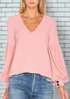 Alexis 'Ellena' Pink V-Neck Balloon Sleeve Blouse