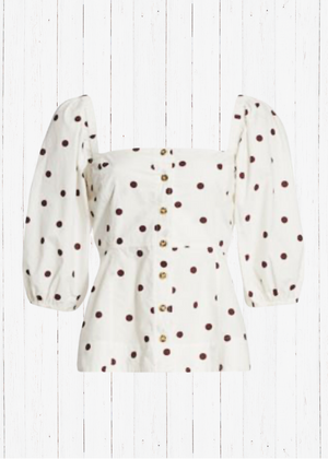 Ganni Polka Dot Square-Neck Puffed-Sleeve Top