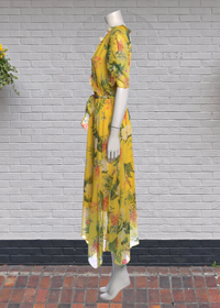 Nieman Marcus Yellow Palm-Floral Midi Dress