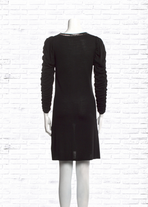 Alice + Olivia Black Scrunched Sleeve Sweater Dress with Stud Neckline