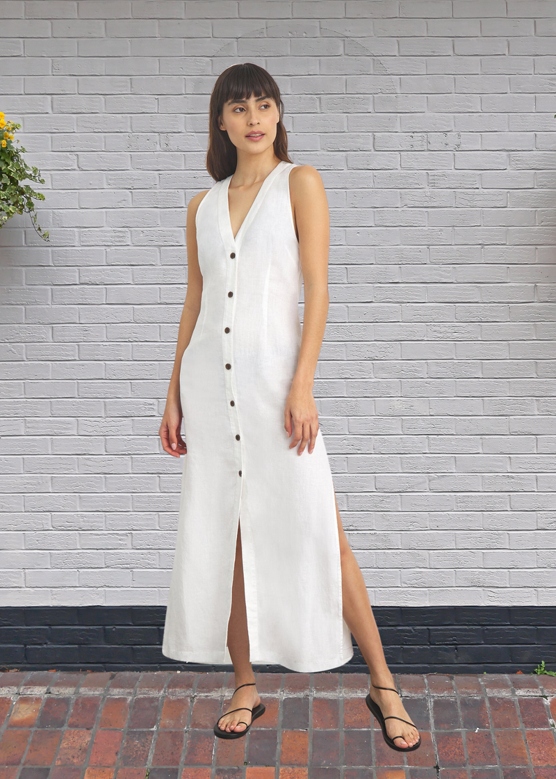 Onia Linen Button Down Maxi Dress in White