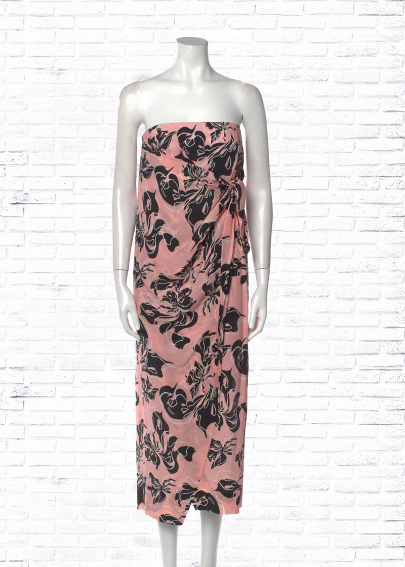 Cedric Charlier Silk Pink-Printed Strapless Midi Dress