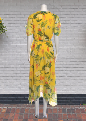 Nieman Marcus Yellow Palm-Floral Midi Dress