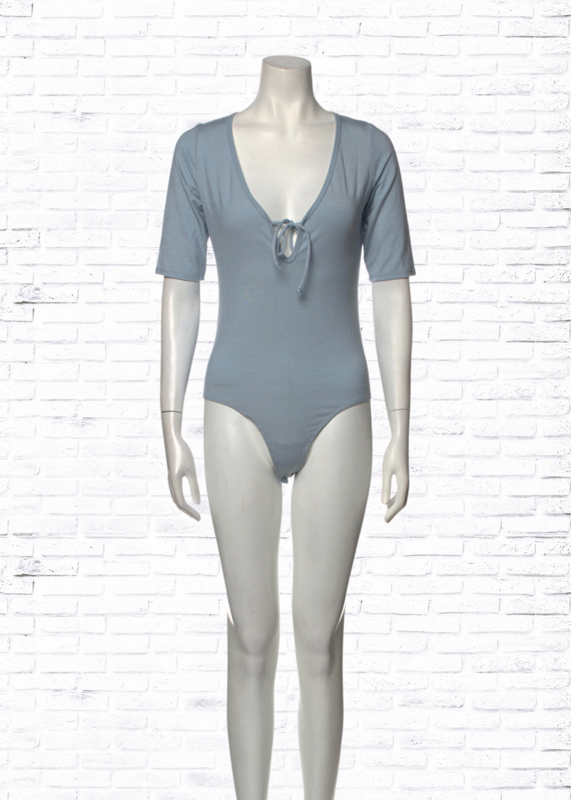 Reformation Deep-V Sky Short Sleeve Blue Bodysuit