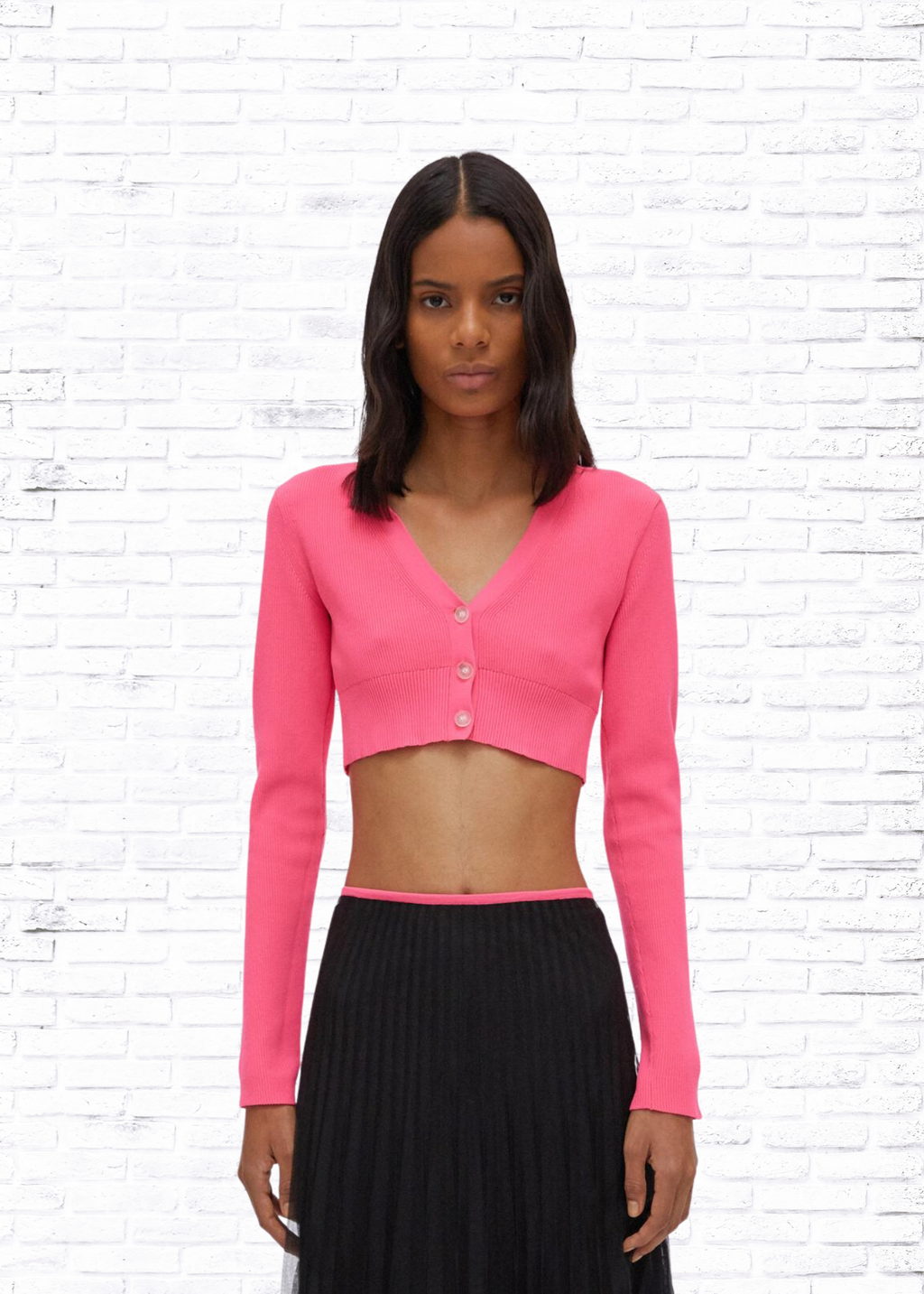 Helmut Lang Neon Pink Button-up Cropped Sweater