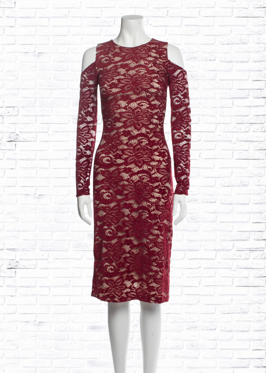 Alice + Olivia Maroon Lace Long Sleeve Dress with Shoulder Cutouts
