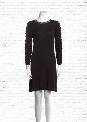 Alice + Olivia Black Scrunched Sleeve Sweater Dress with Stud Neckline