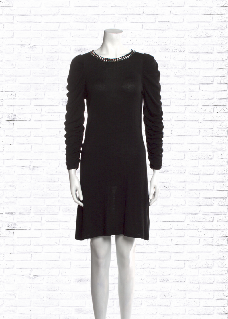 Alice + Olivia Black Scrunched Sleeve Sweater Dress with Stud Neckline