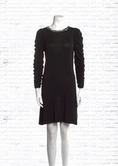 Alice + Olivia Black Scrunched Sleeve Sweater Dress with Stud Neckline