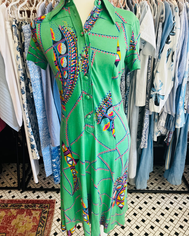 Vintage Green 1970s Floral A-line Shirtdress