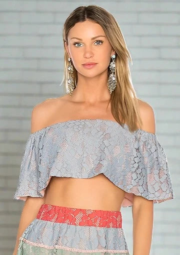 Alexis Dusty Rose and Gray Lace Off-the-Shoulder 'Taza' Crop Top