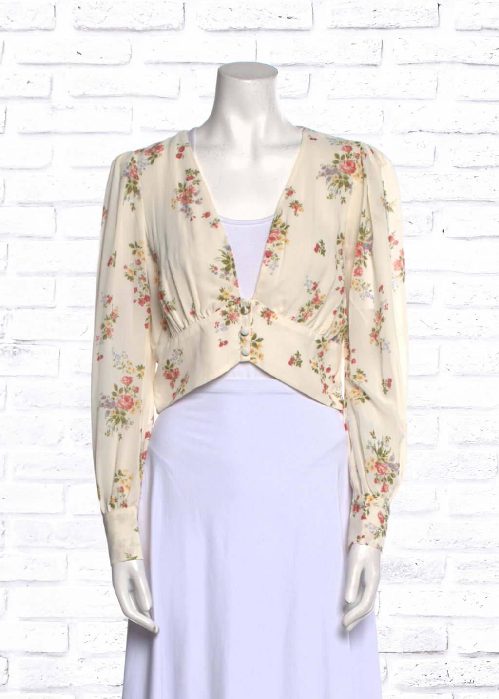 Reformation Ivory/Floral Long Sleeve Cropped Blouse