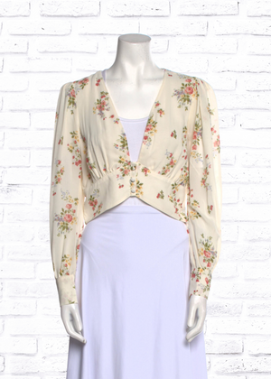 Reformation Ivory/Floral Long Sleeve Cropped Blouse