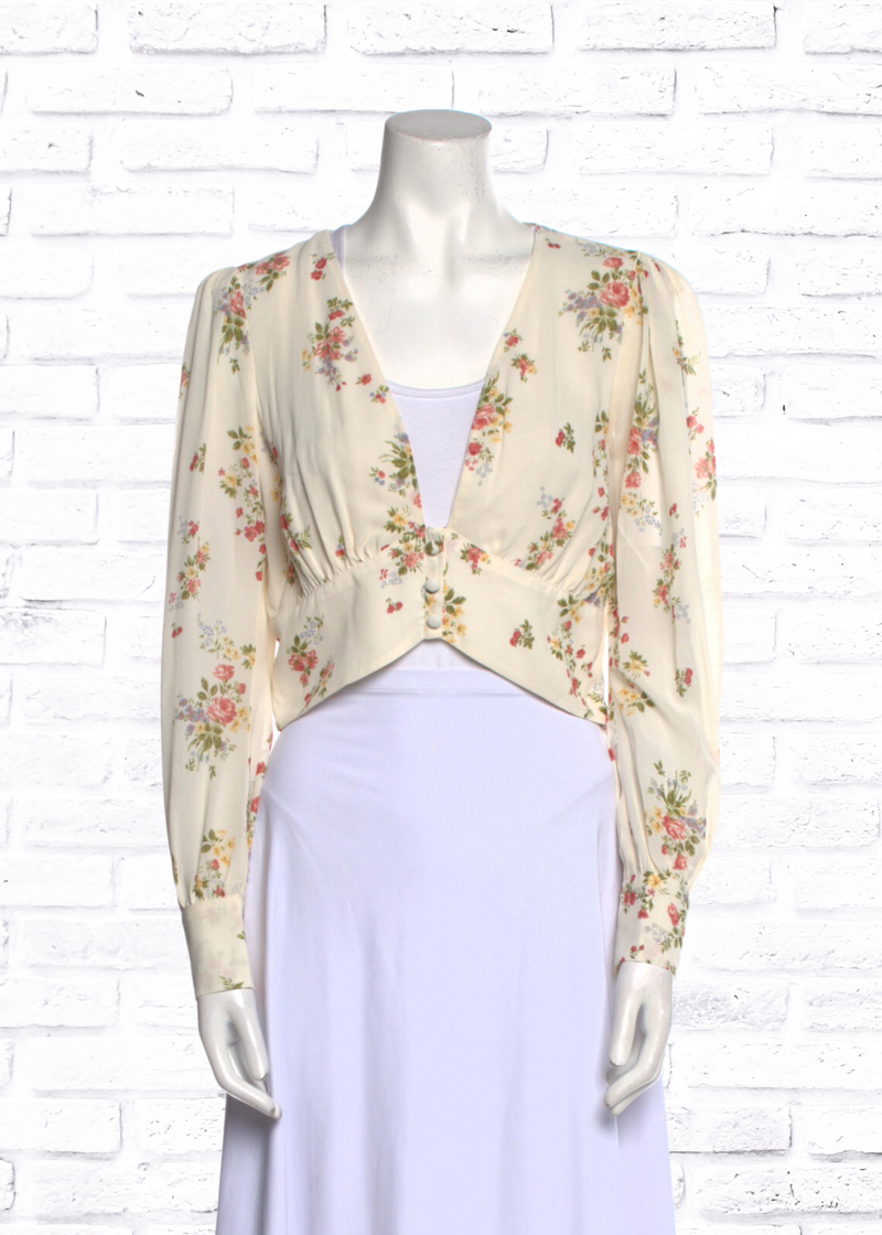 Reformation Ivory/Floral Long Sleeve Cropped Blouse