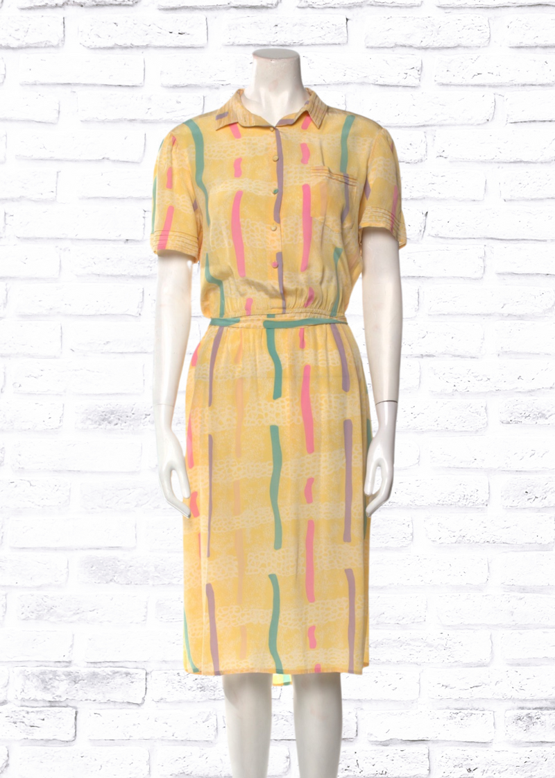 Mary McFadden x Jack Mulqueens 80s Vintage Yellow Silk Shirtdress