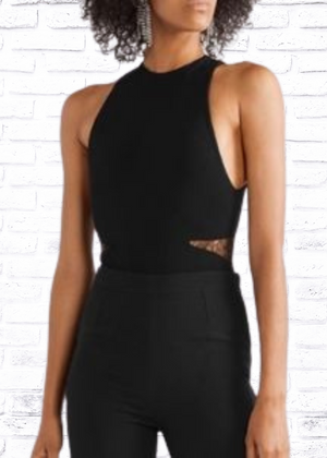 Alice + Olivia 'Makeda' Black Sleeveless Bodysuit with Mesh Lace Cutouts
