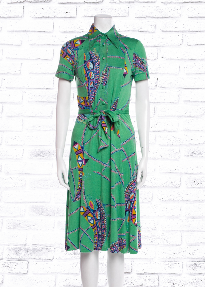 Vintage Green 1970s Floral A-line Shirtdress