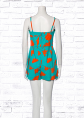 Diane von Furstenberg Vintage Silk-Blend Abstract Palm-Print Teal/Orange Romper
