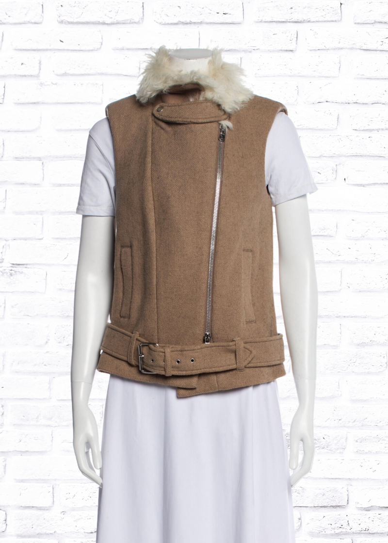 Rebecca Taylor Melange Camel Vest with Fur Lined Collar