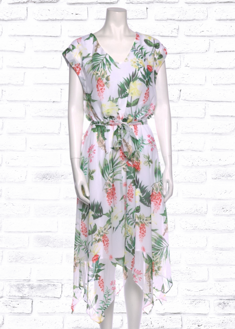 Neiman Marcus White Palm-Floral Print Midi Length Dress