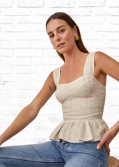 Reformation 'Jessy' Linen Peplum Top in Oatmeal