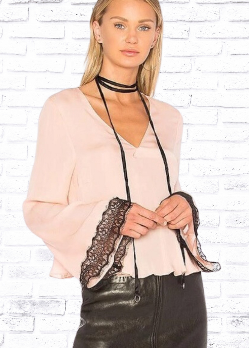 Cinq a Sept Pink Jemma Silk Blouse with Black Lace Trim