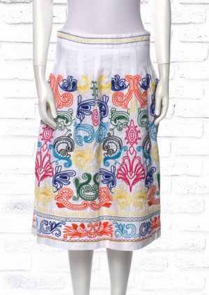 Neiman Marcus Colorful Embroidered A-Line Linen Skirt