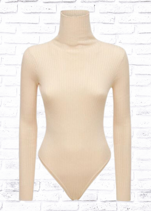 Live the Process Silk-Blend Tan Knit Turtleneck Bodysuit