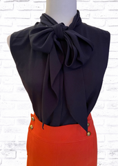 Tory Burch Navy Sleeveless Pussy-Bow Top