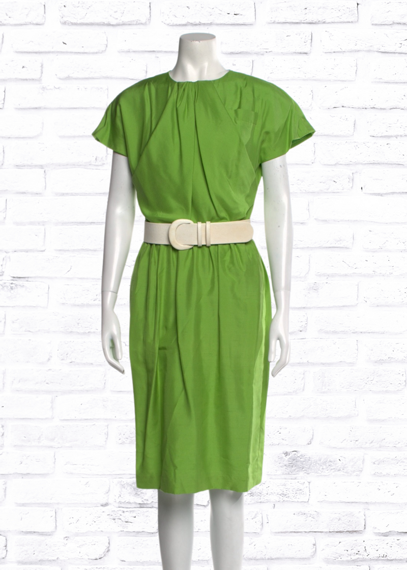 Bill Blass Vintage 50s-Style Belted Olive Green Sheath Dress