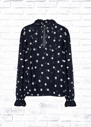 Ganni 'Midnight Blue' Polk-Dot Mock-Neck Blouse
