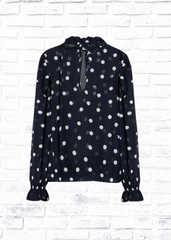 Ganni 'Midnight Blue' Polk-Dot Mock-Neck Blouse