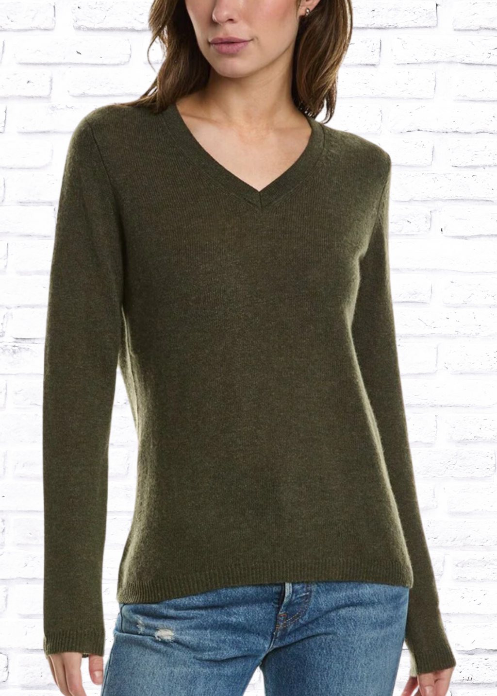 InCashmere Olive Green Cashmere V-Neck Sweater