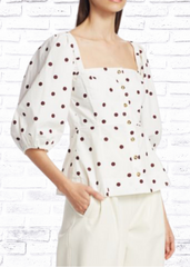 Ganni Polka Dot Square-Neck Puffed-Sleeve Top