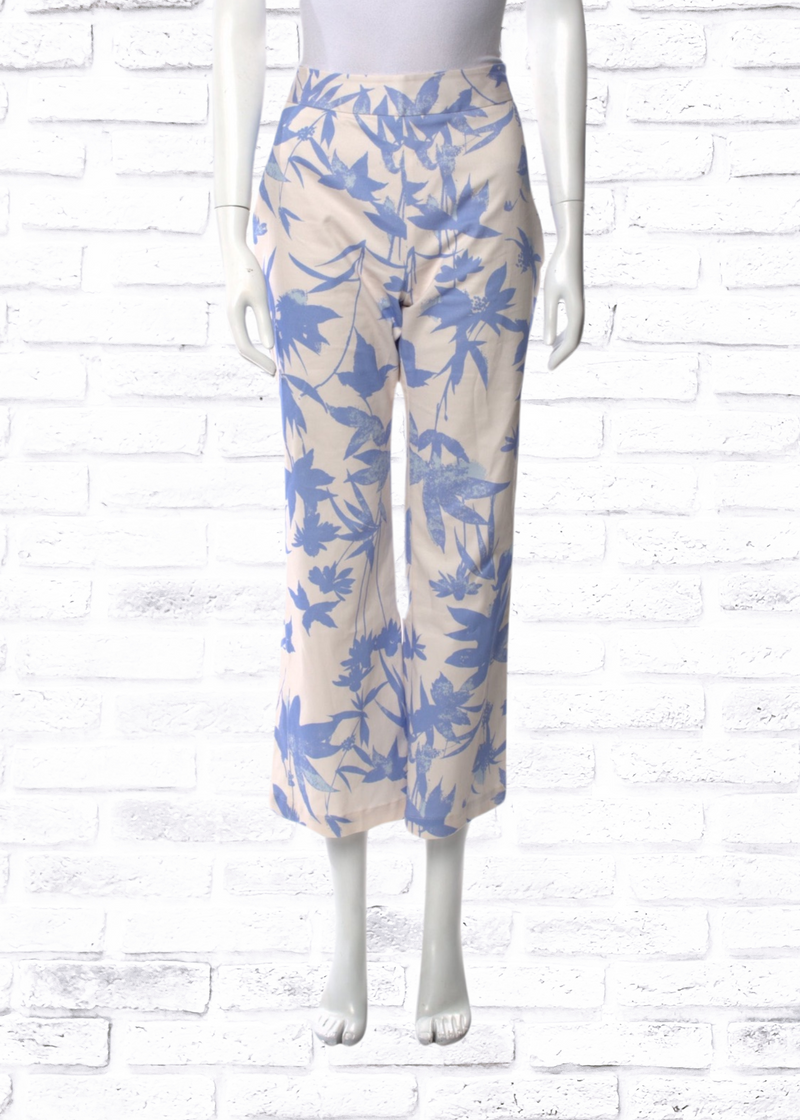 Beulah London Blue/White Palm-Printed Cropped Trousers