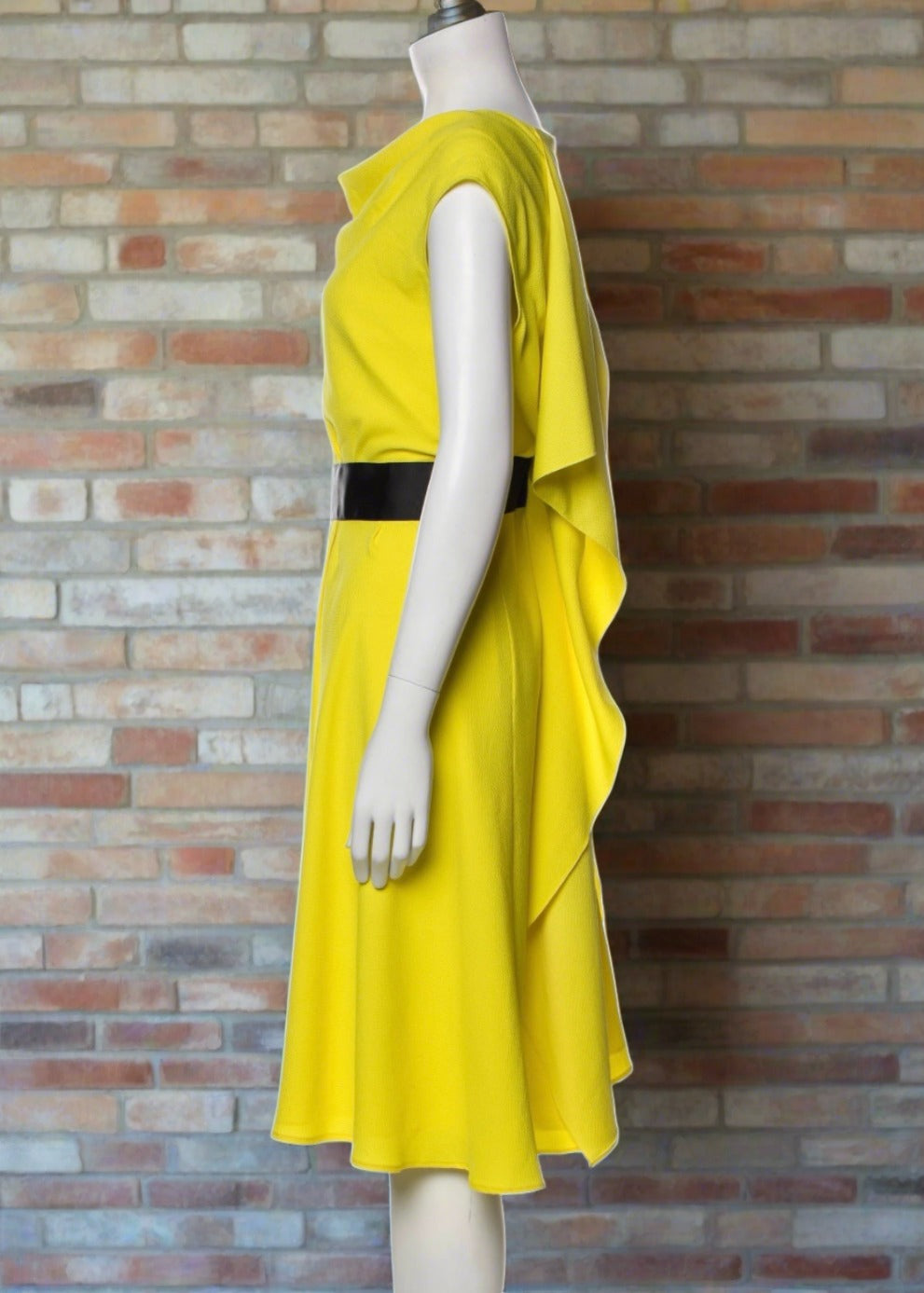 Paule Ka Yellow A-Line Drape-Neck Midi Dress