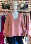 Alexis 'Ellena' Pink V-Neck Balloon Sleeve Blouse